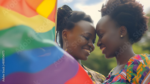 Gay couple of happy women having a tender moment holding rainbow flag outdoors.