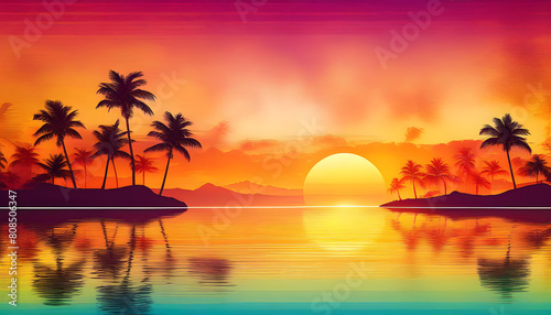 A beach with palm trees at sunset  with vibrant pink and orange colors in the sky