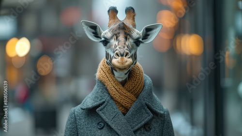 Graceful giraffe strolls through city streets in tailored splendor  epitomizing street style.
