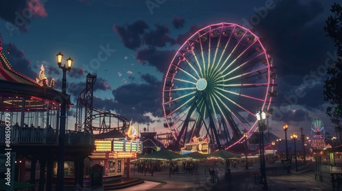 giant Ferris wheel reaching towards the sky, offering panoramic views of a bustling amusement park at night. 