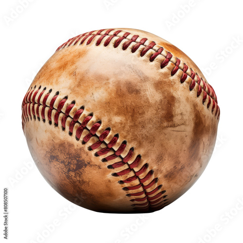The image shows a vintage baseball. The ball is brown and has red stitching.
