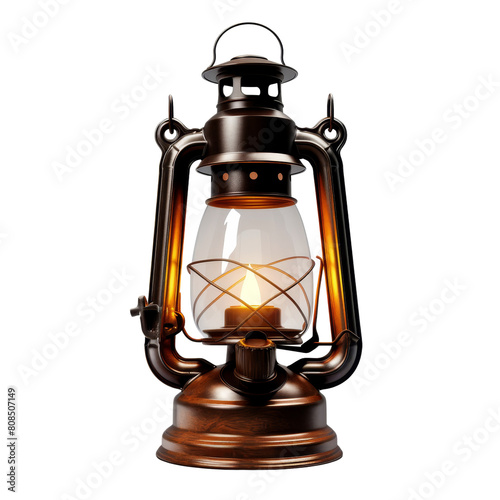 The photo shows a vintage lantern with a glowing flame inside. The lantern is made of metal and has a glass globe.