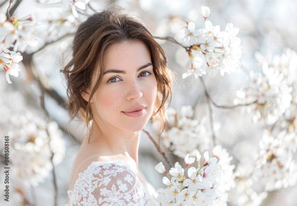 A beautiful woman in white stands among blooming cherry trees, white flowers blend into the background