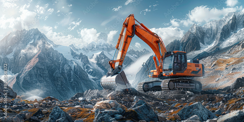 A large excavator is moving rocks in the mountainous terrain, surrounded by rocky hills and mountains under a blue sky with white clouds A large excavator is moving rocks in the mountainous terrain, surrounded by rocky hills and mountains under a blue sky with white clouds