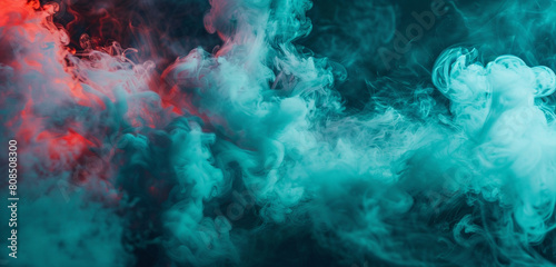 Fresh turquoise smoke infused with neon red, concert atmosphere.