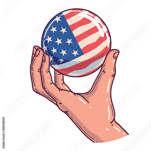 Hand holding American flag sphere, patriotic symbol, United States pride. Illustrated hand grips USA flag ball, concept American unity strength. Detailed drawing globe representing national support