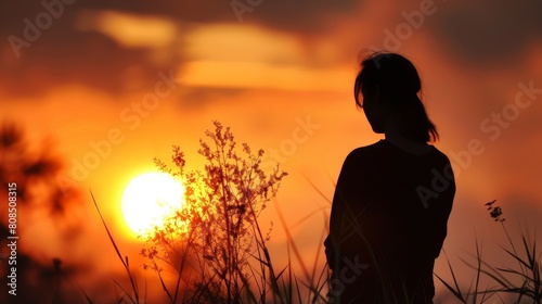 Sunrise moody silhouette. Sunshine light beams. Alone in contemplation. Dramatic lighting. Sunset in a field. Summer day.