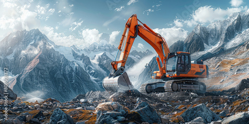 A large excavator is moving rocks in the mountainous terrain, surrounded by rocky hills and mountains under a blue sky with white clouds photo