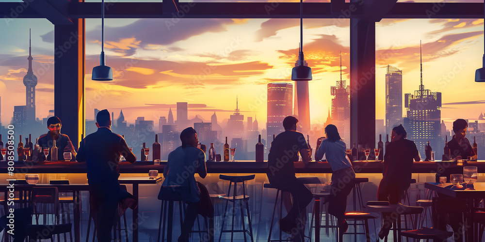 sunset in the city, A stylish rooftop bar or restaurant in the city, with patrons enjoying drinks and socializing against the backdrop of the skyline 