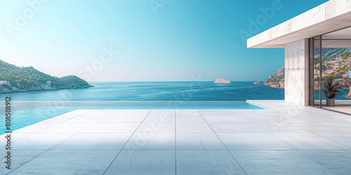 empty terrace on blue sky background, empty living room of luxury house photo