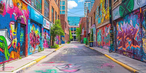graffiti on the wall, A vibrant street art alley adorned with colorful murals and graffiti, showcasing the creativity and cultural vibrancy of the city