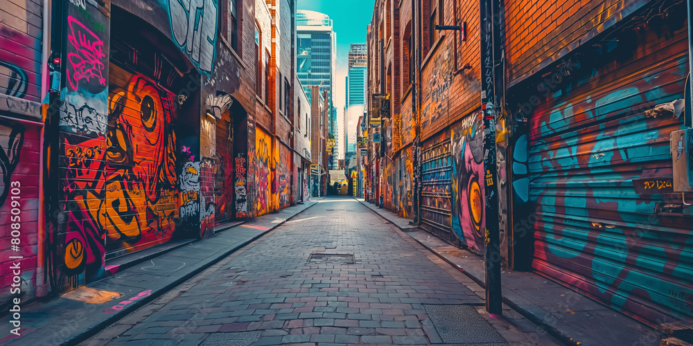 Fototapeta premium Graffiti narrow city backstreet decorated with creative spray paint artwork subculture