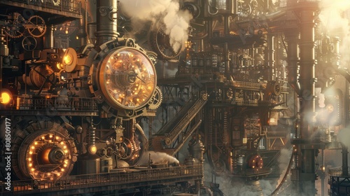  steampunk-inspired sugar factory, with gears, cogs, and steam-powered contraptions filling the scene, creating a sense of wonder and nostalgia. photo