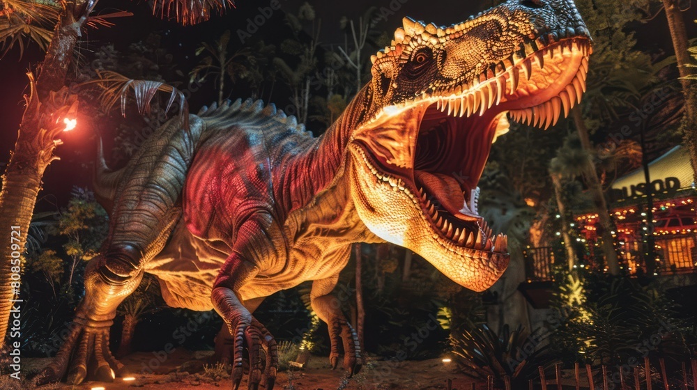 towering animatronic dinosaur roaring at visitors as they enter a prehistoric-themed amusement park. , towering animatronic dinosaur roaring at visitors as they enter a prehistoric-themed amusement park. ,