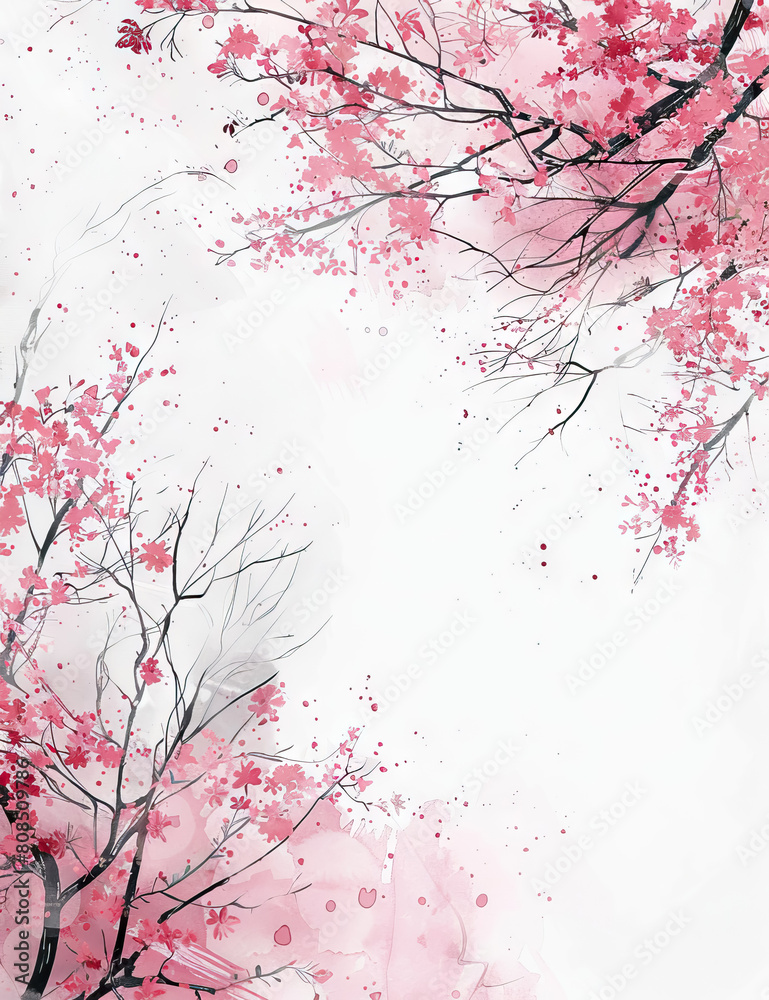 Fototapeta premium Redbud branches on white background with copy space for wedding, birthday, mother's day, anniversary card.