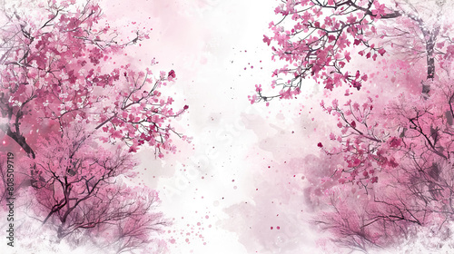 Redbud Trees on light background with color stains and copy space.