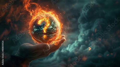 A surreal illustration of a hand gripping a fiery Earth, with smoke clouds forming the shape of a question mark, representing the uncertainty caused by global warming photo