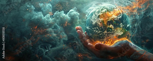 A dark, gothicstyle illustration of a hand holding a flaming Earth, with extinct animal spirits rising as smoke, representing the consequences of global warming photo
