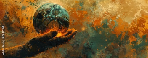 An evocative digital art piece depicting a scorched Earth resting on a human hand, symbolizing humanitys role in climate change photo