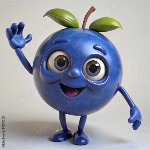 3D render of a giggling blueberry with arms raised in excitement on isolated white background, Generative AI