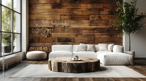 Tree stump coffee table near white sofa and pouf against wood paneling wall with fireplace and stack of firewood. Scandinavian style home interior design of modern living room