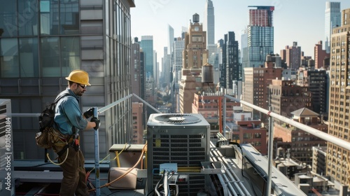  wide-angle photorealistic image of an air conditioning technician working on a rooftop unit, capturing the vastness of the cityscape in the background.  photo