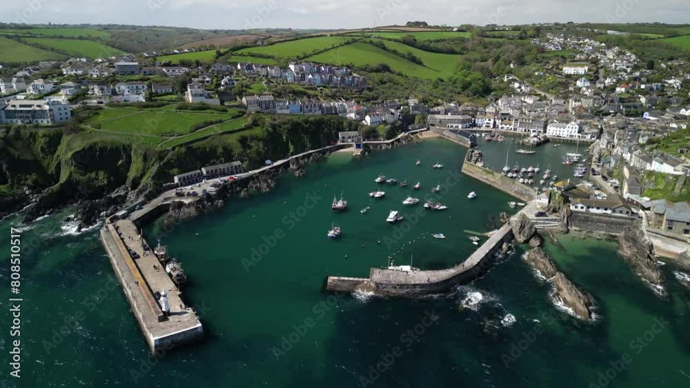 Mevagissey Village Harbor in Cornwall from an Aerial Drone Shot, UK.