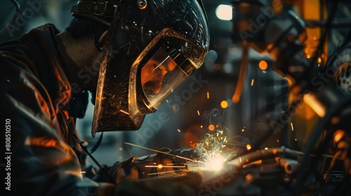  worker's face illuminated by the glow of a welding torch as they expertly fuse car parts together, capturing the intensity and focus of their work. 