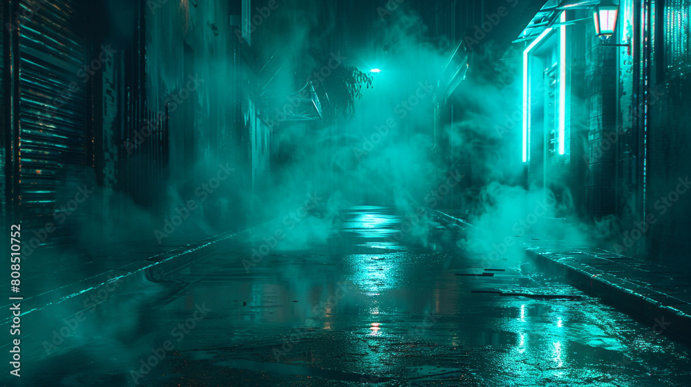 Dark street with teal neon light reflections on wet ground, enveloped in a smoky haze.