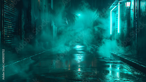 Dark street with teal neon light reflections on wet ground  enveloped in a smoky haze.