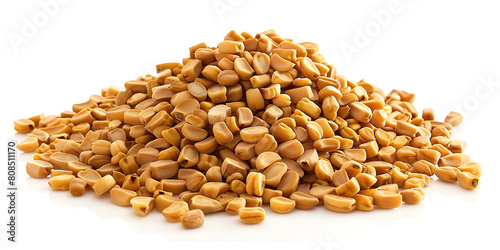  Organic Fenugreek Seeds  on white background ,Top view of a pile of organic fenugreek seeds a type of aromatic spice in a macro close up on a white background and Exploring the Vitamin and Mineral  
 photo