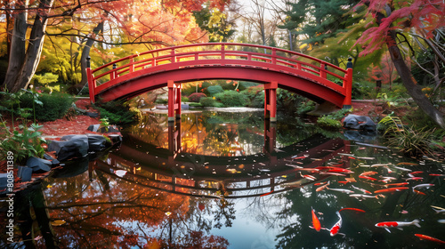 Beautiful of a red bridge over a pond in a Japanese garden. The water is crystal clear. The bridge is surrounded by trees with red and yellow leaves.