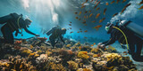 coral reef and fish, A scuba divers working on a coral reef restoration project, planting coral fragments and helping to preserve marine