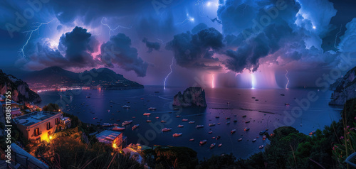A breathtaking view of Capri  Italy during an intense lightning storm with multiple bolts illuminating the night sky over sea and boats.