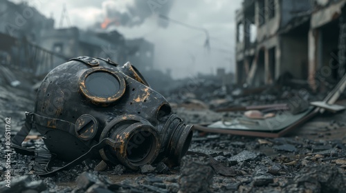A forsaken gas mask lies in the rubble with a nuclear disaster in the background photo