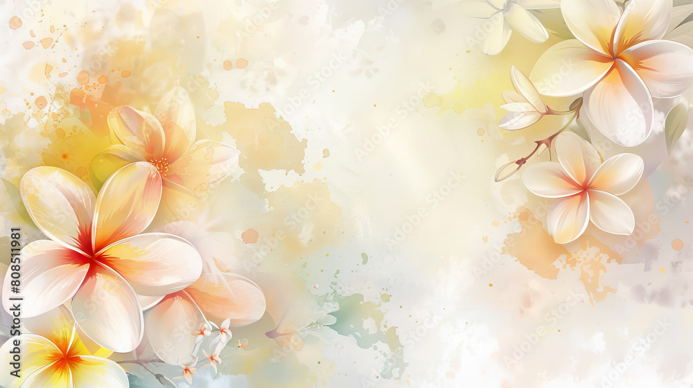 Obraz premium Frangipani flowers frame border on light background with color stains and copy space.
