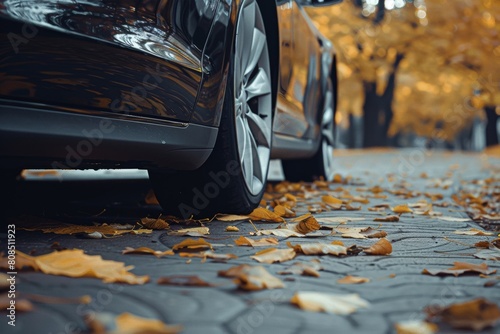 a close up of a clean car lower part with leaves on the ground photo