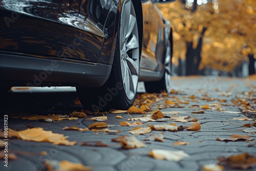 a close up of a clean car lower part with leaves on the ground