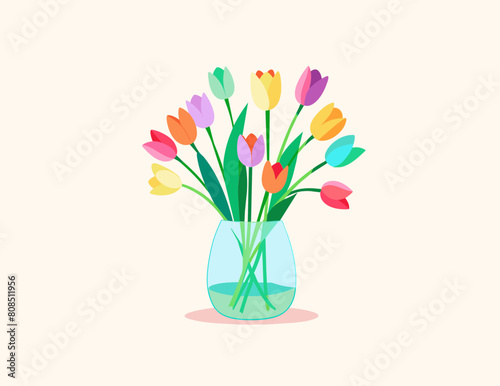 tulip Flower in Glass vases with blue water. Cute colorful flower icon collection. White background. Flat design