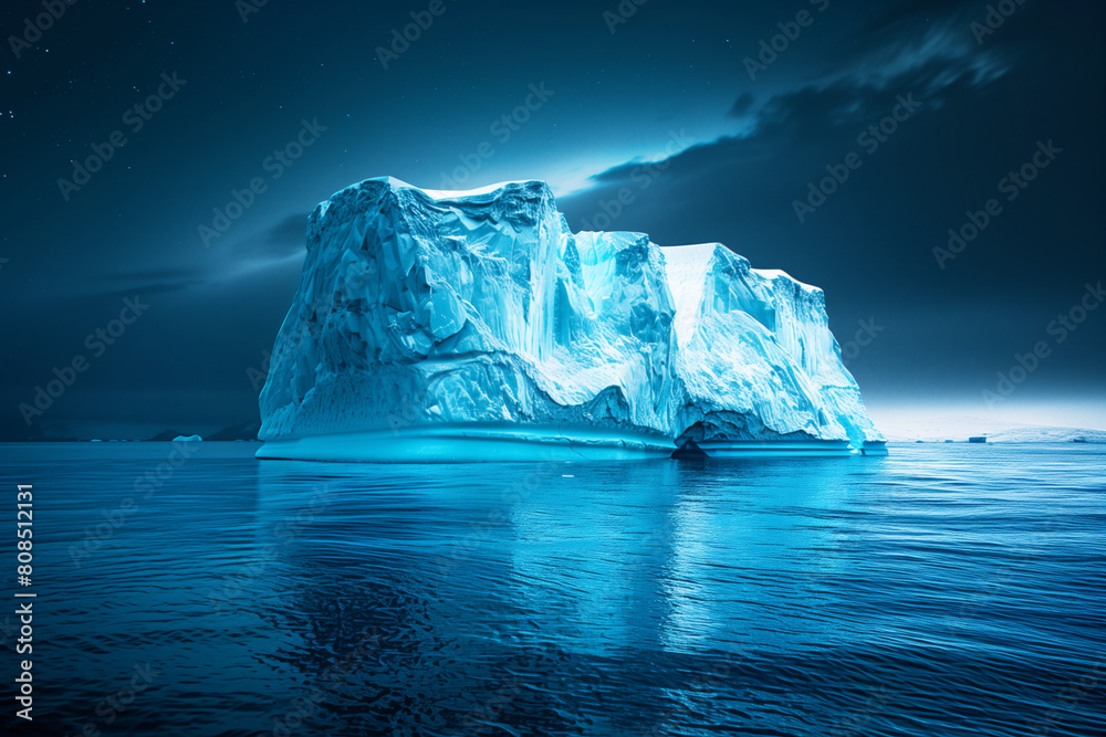 A large iceberg floating in a dark blue sea. The iceberg is lit by a bright light, which makes it appear to glow. A large iceberg floating in a dark blue sea. The iceberg is lit by a bright light, which makes it appear to glow.
