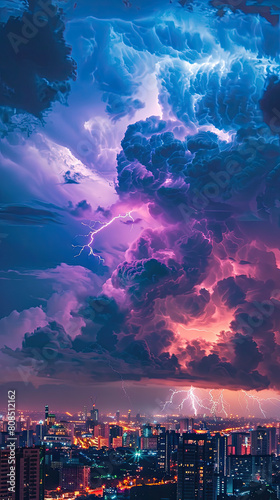 Massive colorful cloud to ground lightning bolts hitting the horizon of city lights