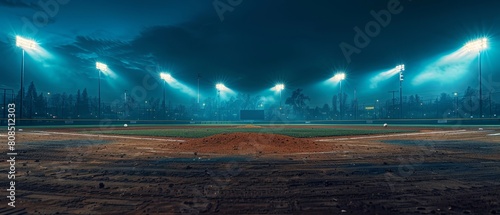 Baseball field ready for action under illuminated lights, devoid of spectators photo