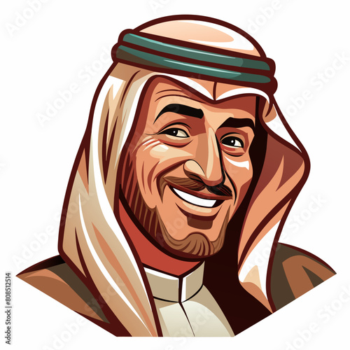 An Arabic Saudi man, exuding vintage charm, stands confidently in traditional Muslim attire. His beard adds to his distinguished appearance, symbolizing maturity and wisdom. With a subtle wink.