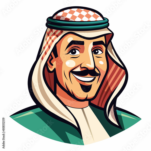 An Arabic Saudi man, exuding vintage charm, stands confidently in traditional Muslim attire. His beard adds to his distinguished appearance, symbolizing maturity and wisdom. With a subtle wink.