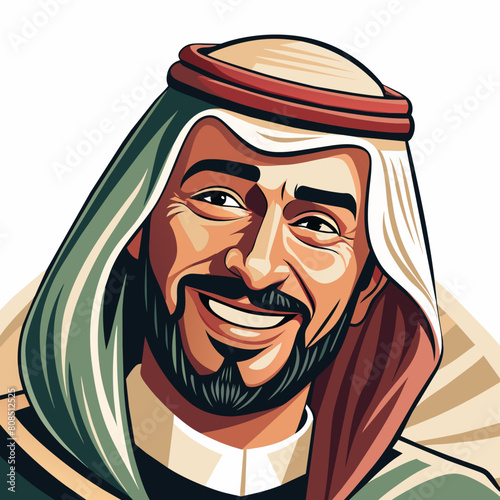 An Arabic Saudi man, exuding vintage charm, stands confidently in traditional Muslim attire. His beard adds to his distinguished appearance, symbolizing maturity and wisdom. With a subtle wink.