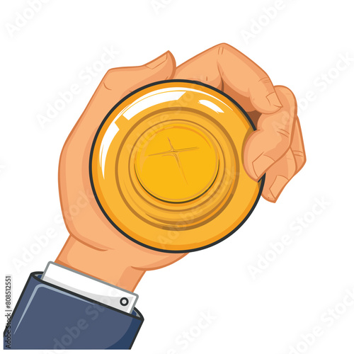Hand holding gold coin, financial success, wealth savings concept. Closeup hand grips coin securely, financial responsibility, investment value symbol. Cartoon style hand, business attire, symbol