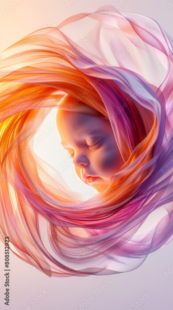 The image shows a colorful, abstract painting of a fetus in a womb.