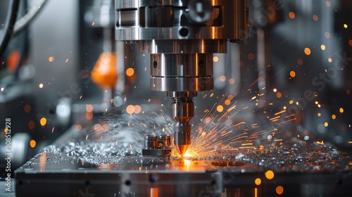 CNC machine cutting metal with precision, highlighted by coolant and sparks