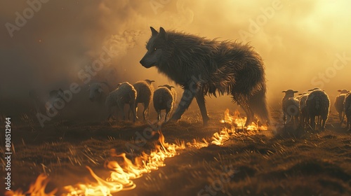 Enigmatic scene featuring a demon wolf and a serene flock of sheep, separated by a blazing line of fire on a foggy grassland