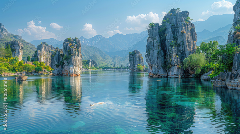  A stunning view of the clear waters and rocky formations in Elatiesalmarar, Antalya's most famous lake, is captured on camera. Created with Ai